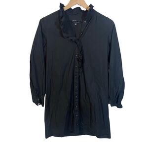 J.Crew Black Cottage Long Sleeve Shirt Dress Ruffle Collar 100% Cotton Sz 4